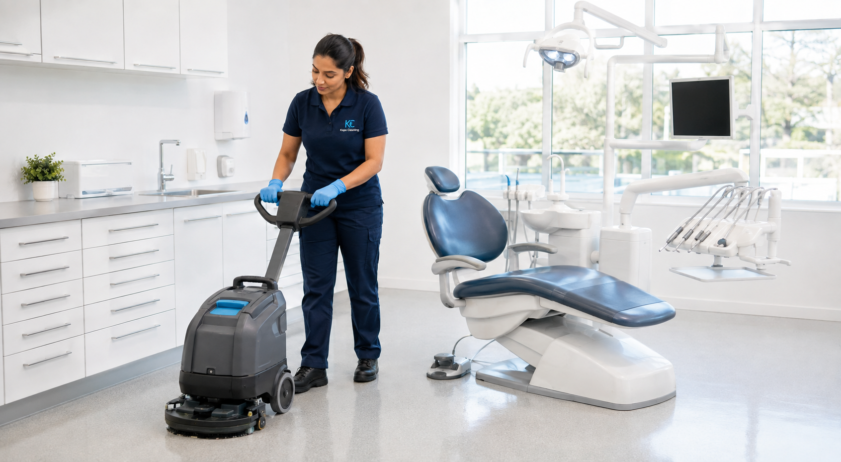 Kaps Cleaning professional in branded uniform cleaning a modern dental treatment room