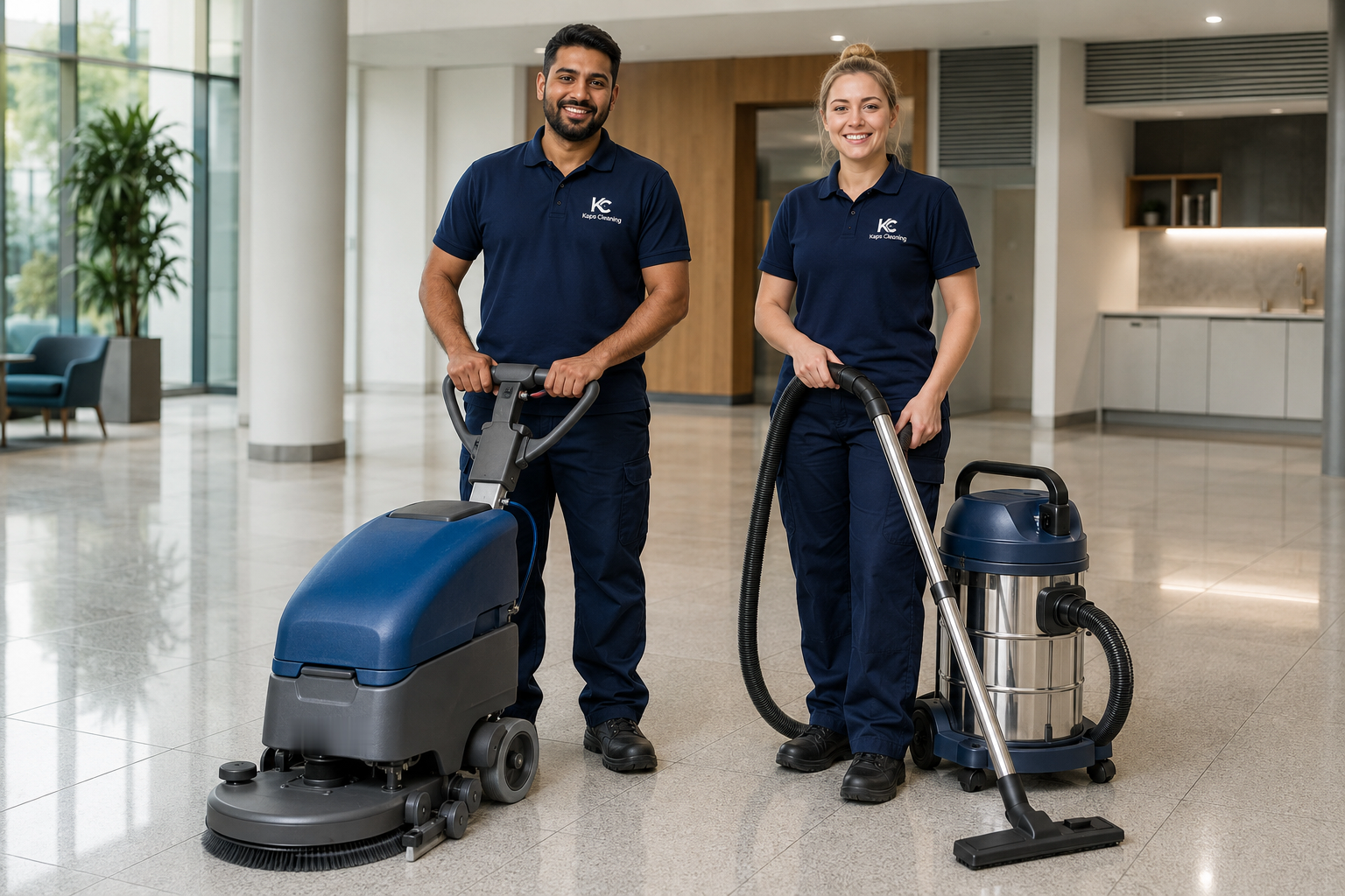 Kaps Cleaning team in branded uniforms with commercial floor-cleaning machinery